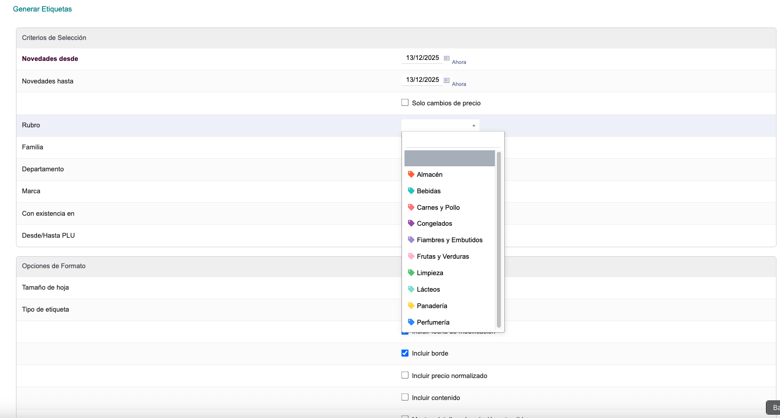 Generar Etiquetas - Opciones de formato con múltiples tipos de etiquetas disponibles