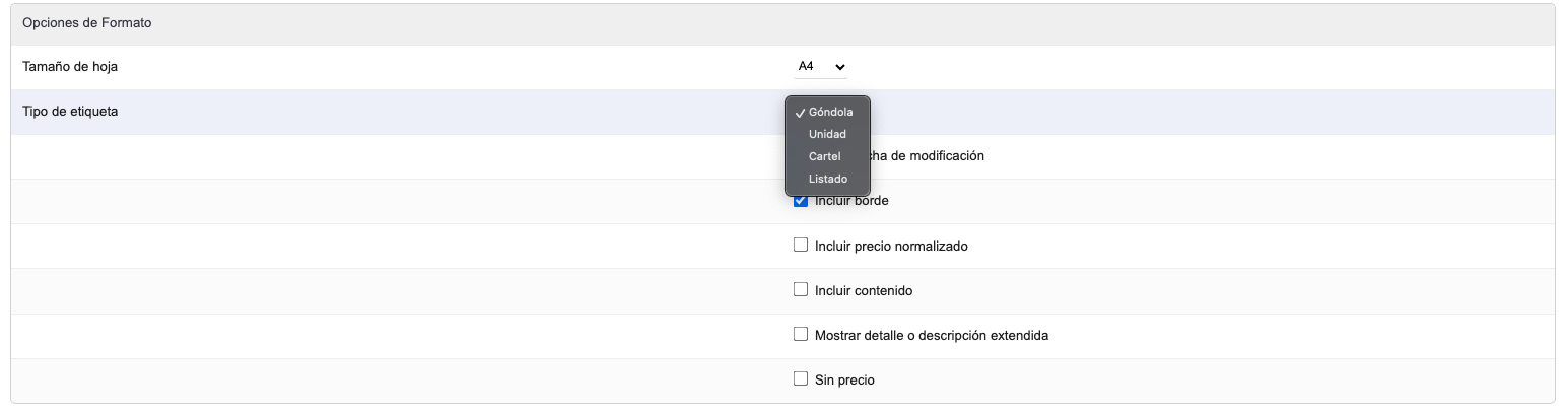 Generar Etiquetas - Opciones de formato con personalización de tamaño y contenido