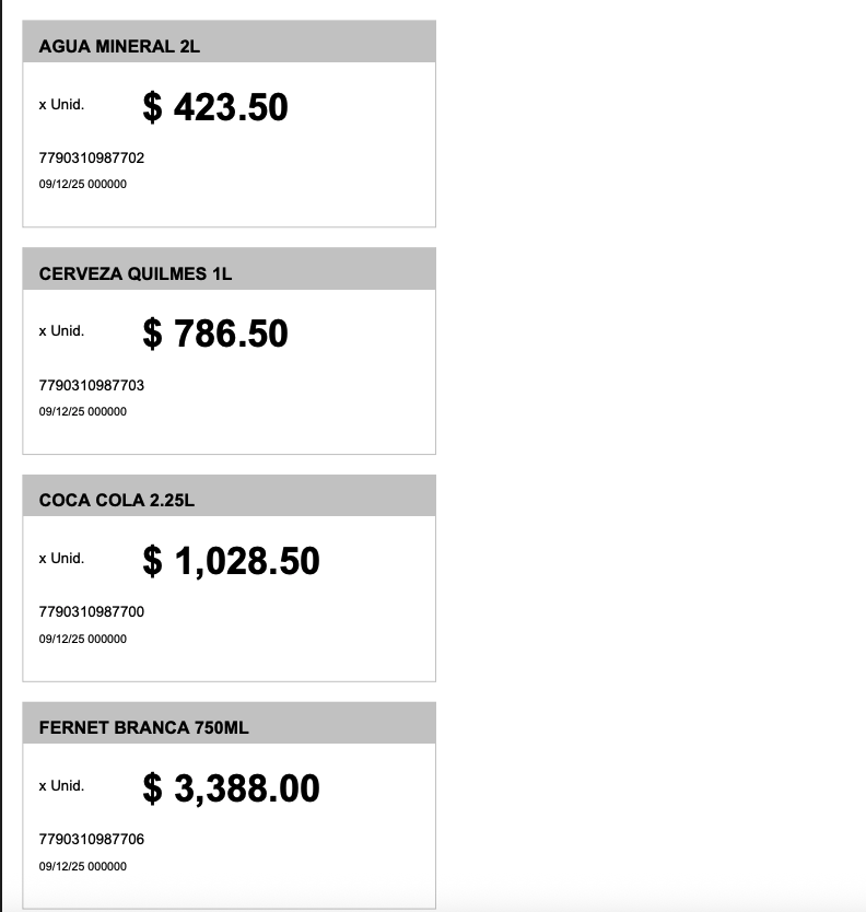 Etiquetas de góndola impresas - Ejemplos de etiquetas generadas con productos y precios